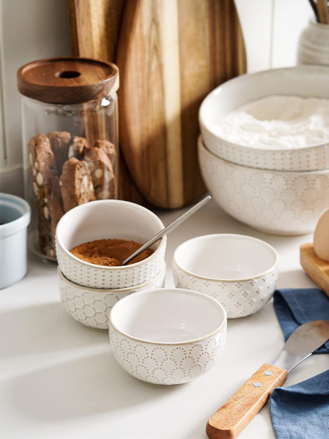 LE TAUCI Small Bowls 7 OZ, Ceramic Embossment Stoneware Bowl for Dipping, Side Dish, Sauce, Appetizer, Dessert, Sushi, Suit For House-warming - 3.5 inch, Set of 4, Arctic white - Culinary Roots