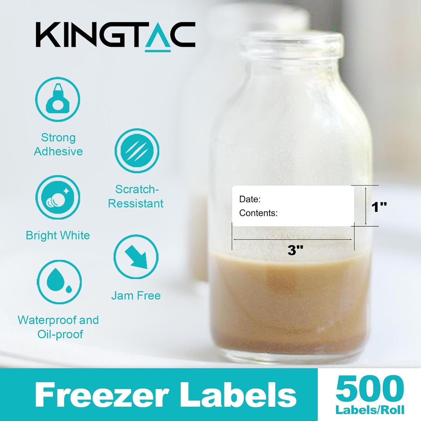 Kingtac 500pcs Food Freezer Labels, 1 x 3 Inch Removable for Food Containers, Mason Jar, No Residue Food Storage Labels Perfect for Kitchen Cannot be Torn