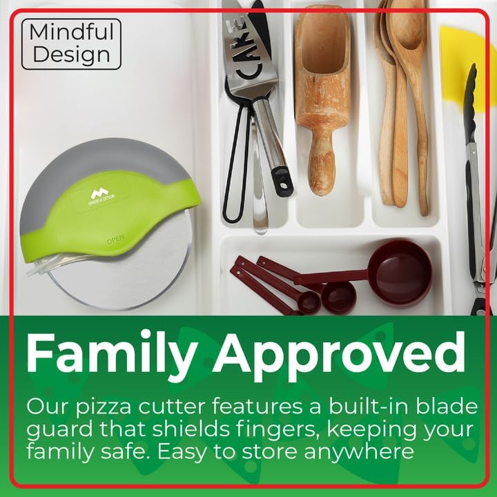 Mindful Design Pizza Cutter Wheel with Protective Blade Cover, Easy to Clean and Dishwasher Safe Ergonomic Pizza Slicer (Green) - Culinary Roots