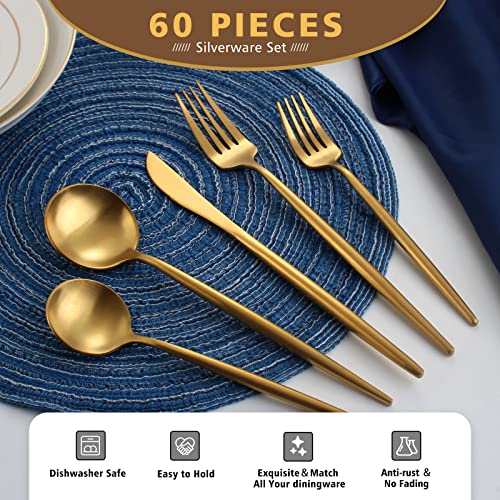 60Piece Stainless Steel Gold Silverware Set for 12