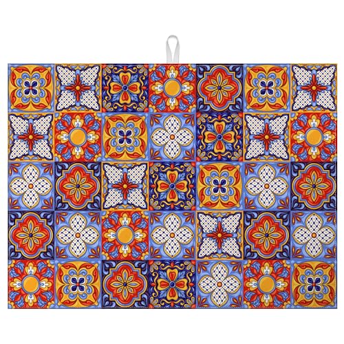 Talavera Mexican Tiles Dish Drying Mat for Kitchen Counter Microfiber Absorbent Dish Kitchen Drying Mat Draining Reusable Washable for Dishes