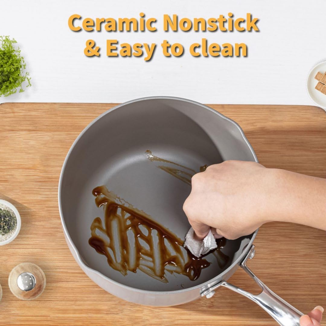 Ceramic Nonstick Tri-Ply Stainless Steel Sauce Pan with Steamer,2.5 Quart Small Multipurpose Pot with Pour Spout,Strainer Glass Lid, 2qt Saucepan for Cooking with Stay-cool Handle,Grey - Culinary Roots