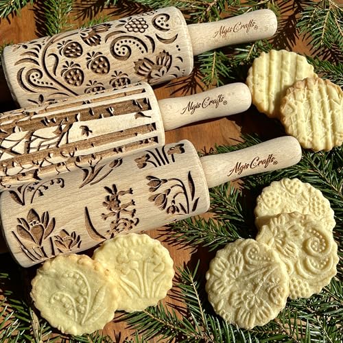 SEASONS 3 Mini Embossed Rolling Pin Set. Wooden Laser Cut Mini Rolling Pins for cookies or clay with spring flowers