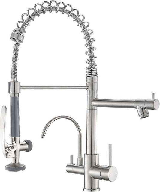 Fapully Commercial 3 Way Kitchen Faucets with Pull Down Sprayer and Water Filler,3 in 1 Kitchen Sink Faucet with Drinking Water Faucet Brushed Nickel