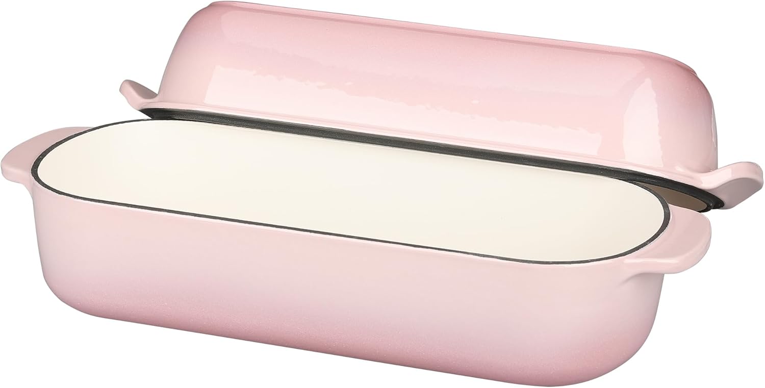 Enameled Cast Iron Loaf Pan with Lid, Dutch Oven for Homemade Bread Baking, 12.5x5.5 inch, 5Qt, Pink - Culinary Roots