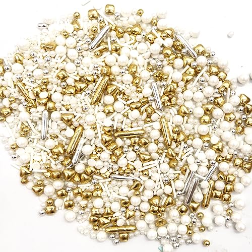White Deluxe Gold Sprinkles Candy Mixing Size Baking Edible Cake Decorations Cupcake Toppers Cookie Decorating Celebrations Wedding Shower Party Chirstmas Supplies 130g (4.6 Ounce)