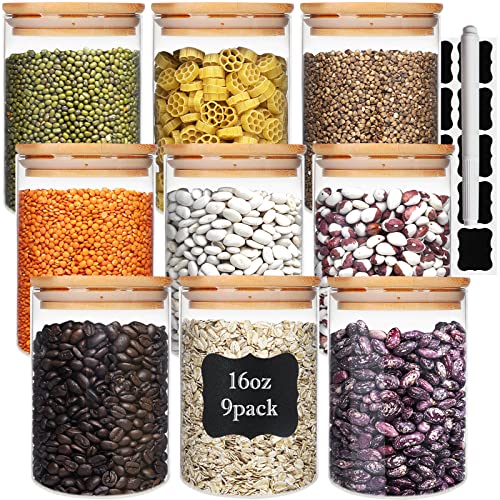 9 Pack 16 oz Glass Jars with Airtight Bamboo Lids for Kitchen