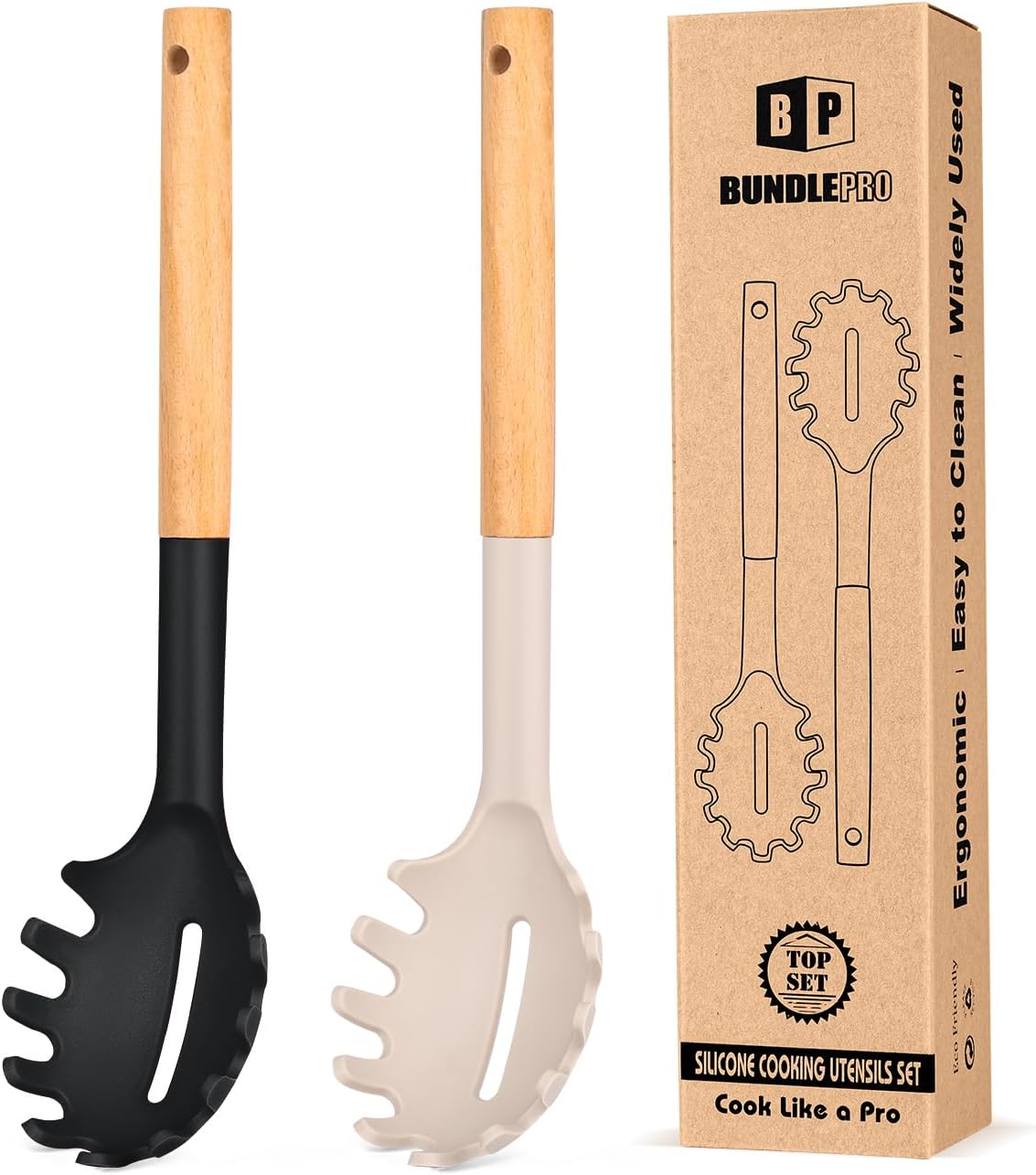 Pack of 2 Spaghetti Spoon, Silicone Pasta Fork with Wooden Handle, Heat Resistant Noodle Spoon Server, BPA Free Spaghetti Strainer(BLACK-KHAKI) - Culinary Roots