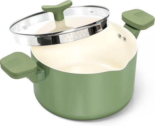 MICHELANGELO Pasta Pot with Strainer Lid - 6 Quart Cooking Pot with Lid, Non Stick Spaghetti Pot Ceramic Coated with Twist and Lock Handles for Easy Draining, Induction Compatible, Roden Green - Culinary Roots