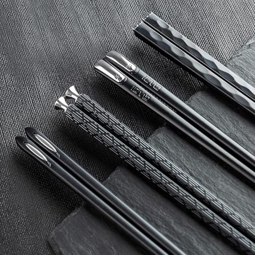 5 Pairs Food Grade PET+Glass Fiber Alloy Polymer Laser Engraving Japanese Metal Chopsticks (5 Count)