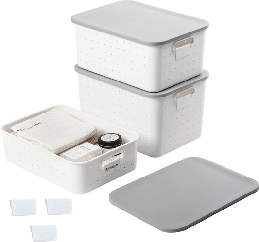 vacane 3 Pack Decorative Storage Bins with Lids, White Plastic Storage Basket for Organizing Stackable Storage Box with Handle on Closets,Classrooms,Offices