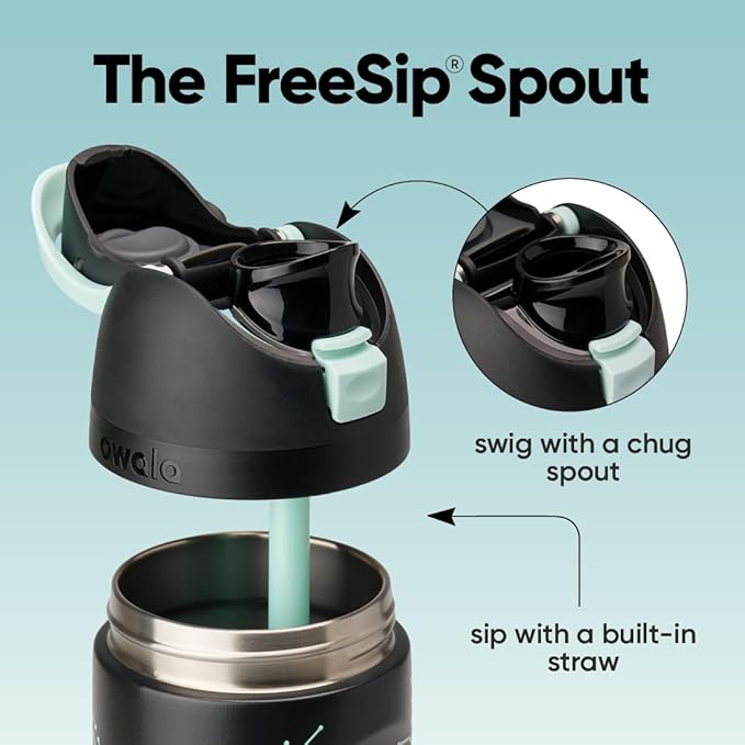 Owala TRON FreeSip Insulated Stainless Steel Glow in the Dark Water Bottle with Straw for Sports and Travel, BPA-Free, 24 oz, Black