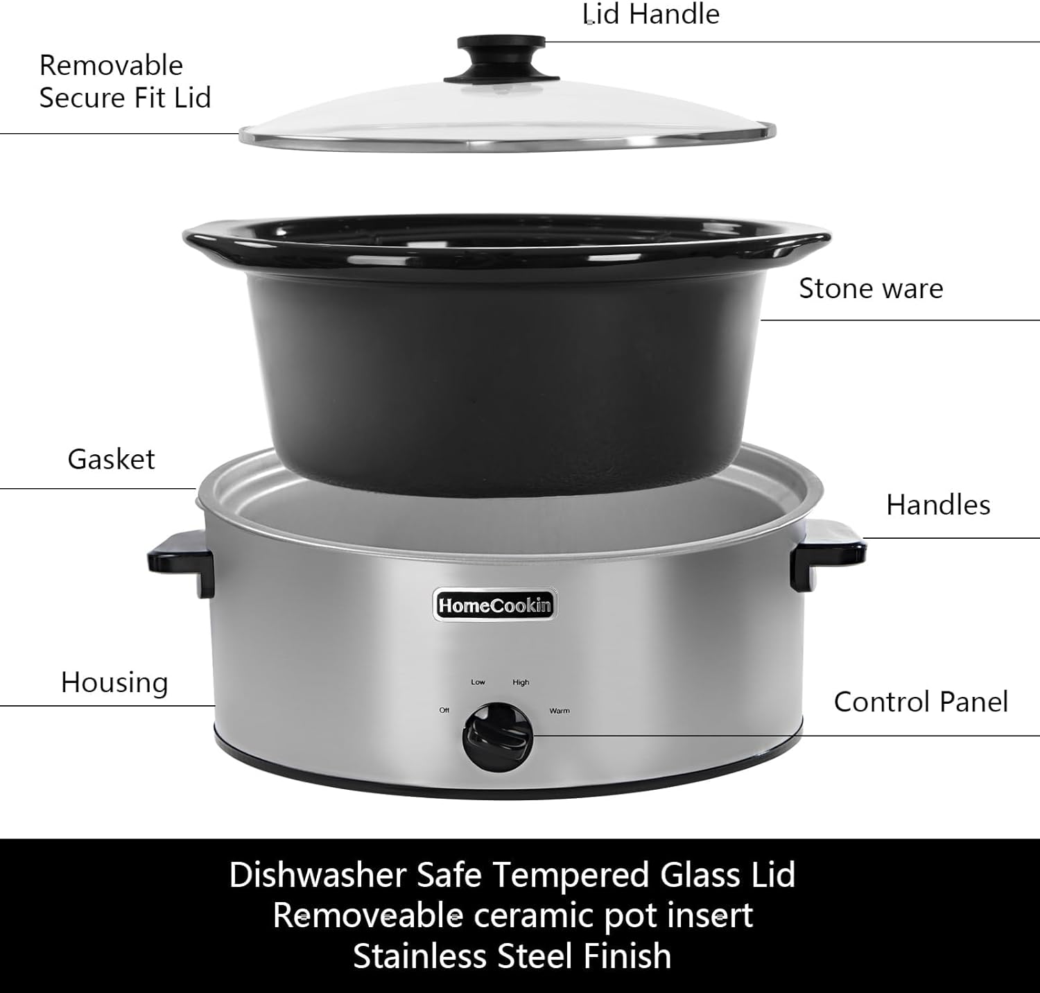HOMECOOKIN 6 Quart Slow Cooker Oval Manual Pot Food Warmer with 3 Cooking Settings, Stainless Steel - Culinary Roots