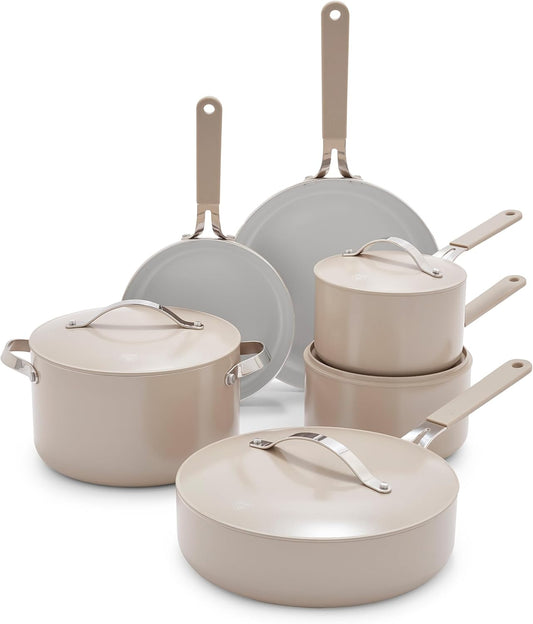 GreenLife 10-Piece Nonstick Ceramic Cookware Set, Lightweight Healthy PFAS-Free Pots & Pans with Lids, Dishwasher & Oven Safe, Durable Body, Silicone Stay-Cool Handles, Easy Release, Taupe - Culinary Roots