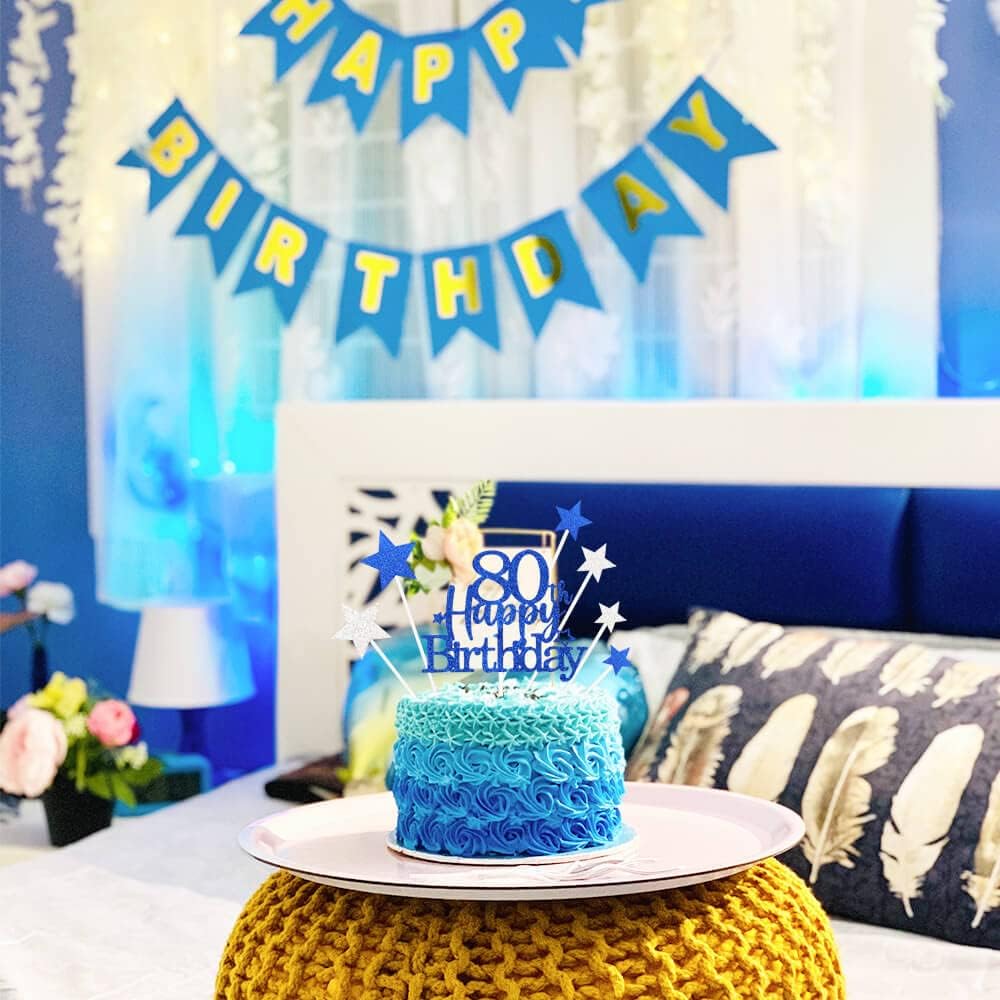 Glittery 80th Happy Birthday Cake Topper with Star,Personalised 80 Birthday Cake Toppers Party Decorations Party Supplies for Men Women Blue