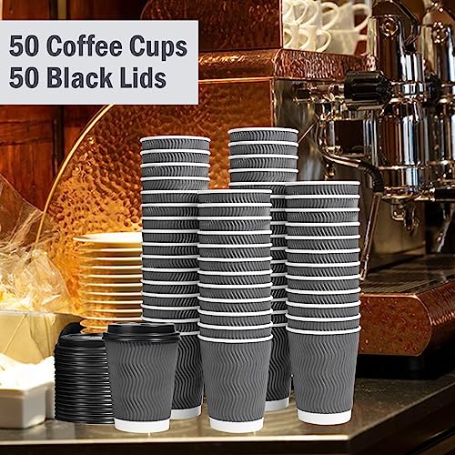 50 Pack 12 oz Insulated Disposable Coffee Cups With Lids (50 Count)