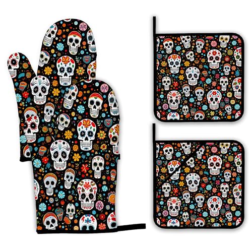 Day of The Dead Skull Mexican Oven Mitts and Pot Holders Set (4 Count)