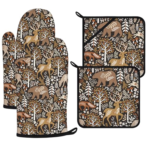 Bear Deer Oven Mitts and Wild Animals Pot Holders Sets 4Pcs