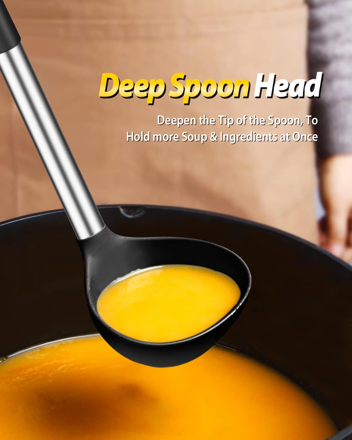 Silicone Pasta Fork and Ladle Spoon Set, Large Non Stick Kitchen Utensils for Cooking,Stirring,Serving Spaghetti, Soup, Sauce (BLACK) - Culinary Roots