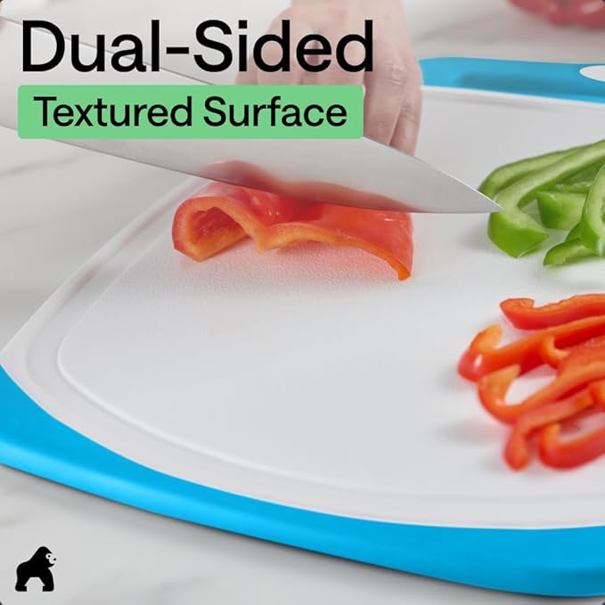 GORILLA GRIP BPA-Free Reversible Kitchen Cutting Board Set of 3, US Designed, Nonporous, Juice Grooves Catch Liquid, Slip Resistant Border, Dishwasher Safe Large Food Chopping Boards, Black Aqua Gray