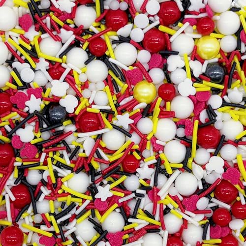 Yellow & Red & Black & White Sprinkles Mix Size Pearls Mouse Themed Cake Decorations Cupcake Toppers Perfect for Wedding Party Valentine Halloween Christmas Supplies 4.58OZ (4.58 Ounce)
