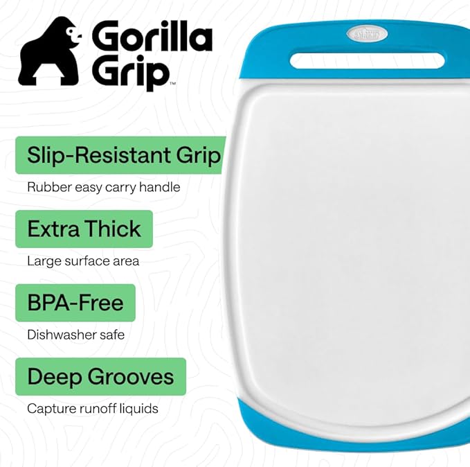 GORILLA GRIP BPA-Free Reversible Kitchen Cutting Board Set of 3, US Designed, Nonporous, Juice Grooves Catch Liquid, Slip Resistant Border, Dishwasher Safe Large Food Chopping Boards, Black Aqua Gray