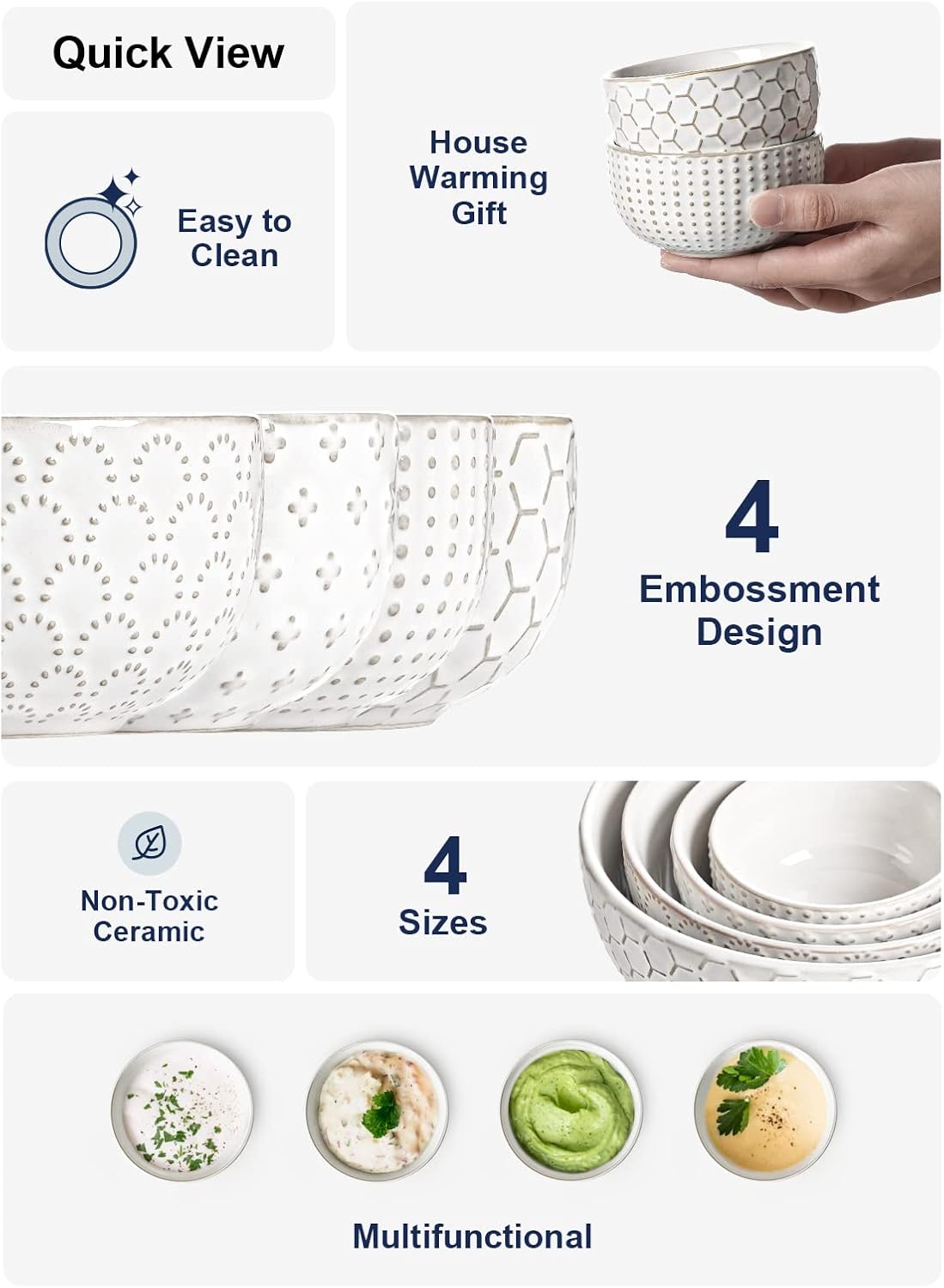 LE TAUCI Small Bowls 7 OZ, Ceramic Embossment Stoneware Bowl for Dipping, Side Dish, Sauce, Appetizer, Dessert, Sushi, Suit For House-warming - 3.5 inch, Set of 4, Arctic white - Culinary Roots