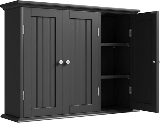 ChooChoo Bathroom Wall Cabinet with 3 Doors, Laundry Cabinet Wall Mounted, Medicine Cabinet with Adjustable Shelves, Hanging Kitchen Cupboard Organizer, Black