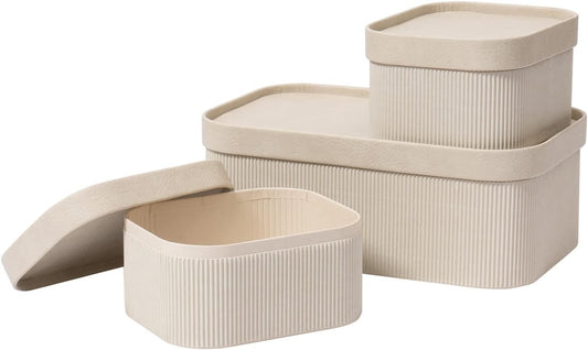 LA JOLIE MUSE Storage Basket Set of 3 with Leather Lids Fluted Cardboard - Light Grey