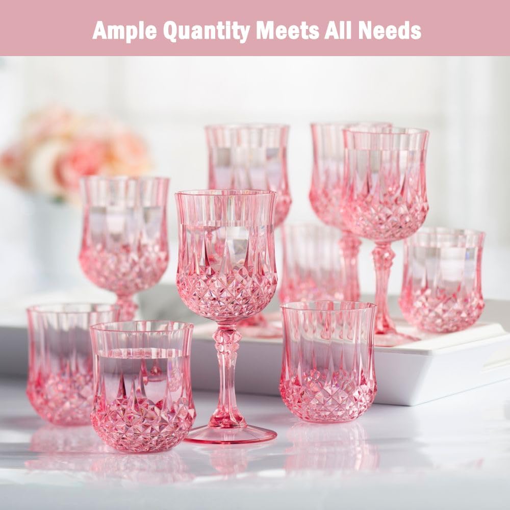 Plastic Wine Glasses，Plastic Goblets Vintage Style Cordial Drinking Glasses for Wedding Reception, Grand Event Party Supplies (12, Pink)