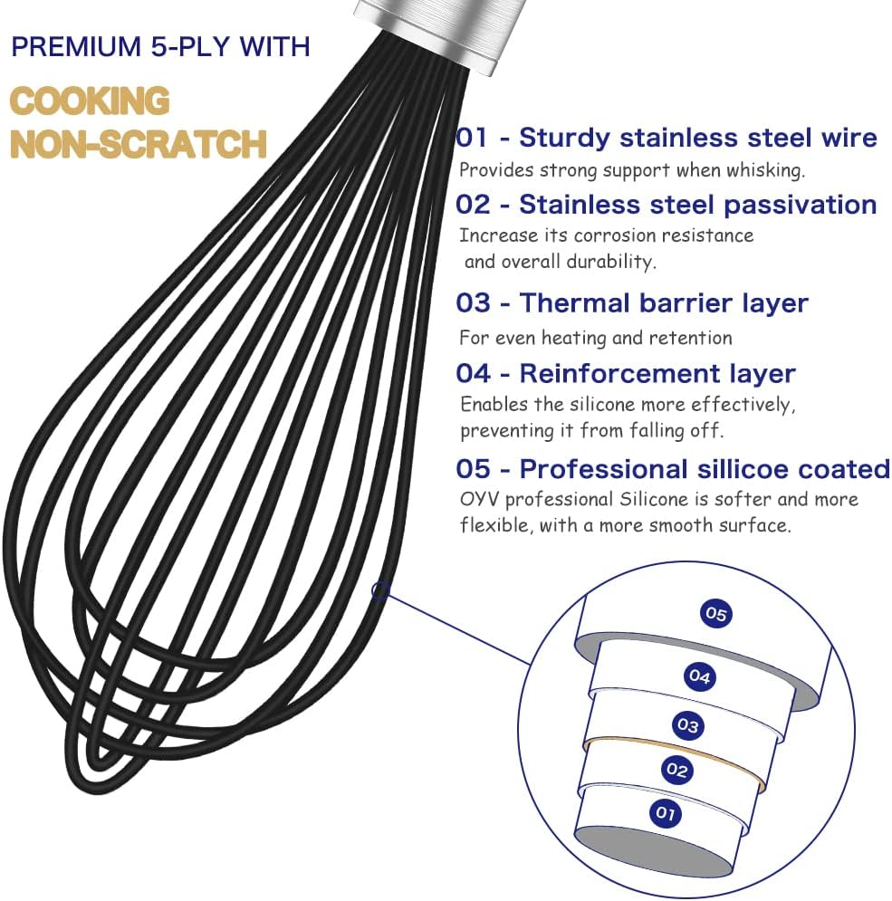 Silicone Whisk,3 pack Professional whisks for cooking non scratch,Stainless Steel & Silicone wisk,plastic rubber whisk for nonstick cookware,small silicone whisk set,black - Culinary Roots