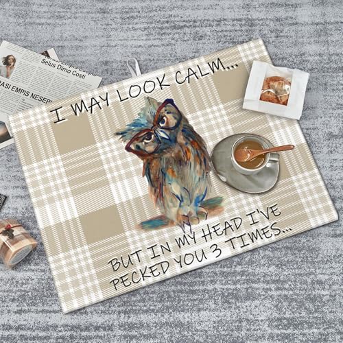 Kitchen Drying Mat Funny Owl Dish Drainer Mat for Kitchen Counter Microfiber Absorbent Reusable Washable 18x24 Inch Home Holiday Decor Cute Buffalo Plaid Drying Pad