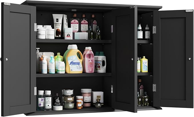 ChooChoo Bathroom Wall Cabinet with 3 Doors, Laundry Cabinet Wall Mounted, Medicine Cabinet with Adjustable Shelves, Hanging Kitchen Cupboard Organizer, Black