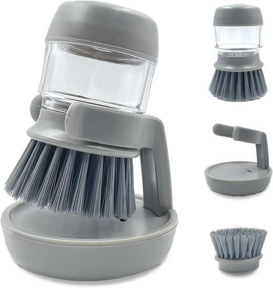 Soap Dispenser Palm Dish Brush with Storage Bracket – Drainage Base, Easy-to-Clean Kitchen Utensil Cleaner | Includes Extra Soft Bristle Brush Head (Gray)