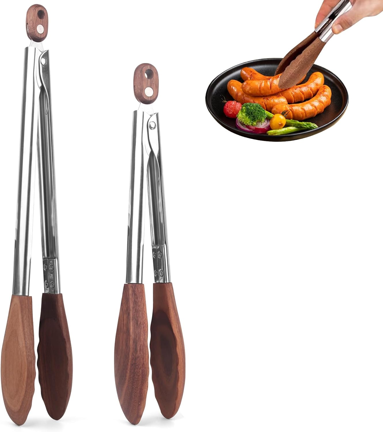 2-pcsTongs for Cooking with Wooden Tips - Nonstick Cooking Tongs & Salad Tongs for Blooming Food，Cooking, BBQ and Tossing Salad - Made of Natural Walnut Wood，Long Style15inch Short Style 11.4inch - Culinary Roots
