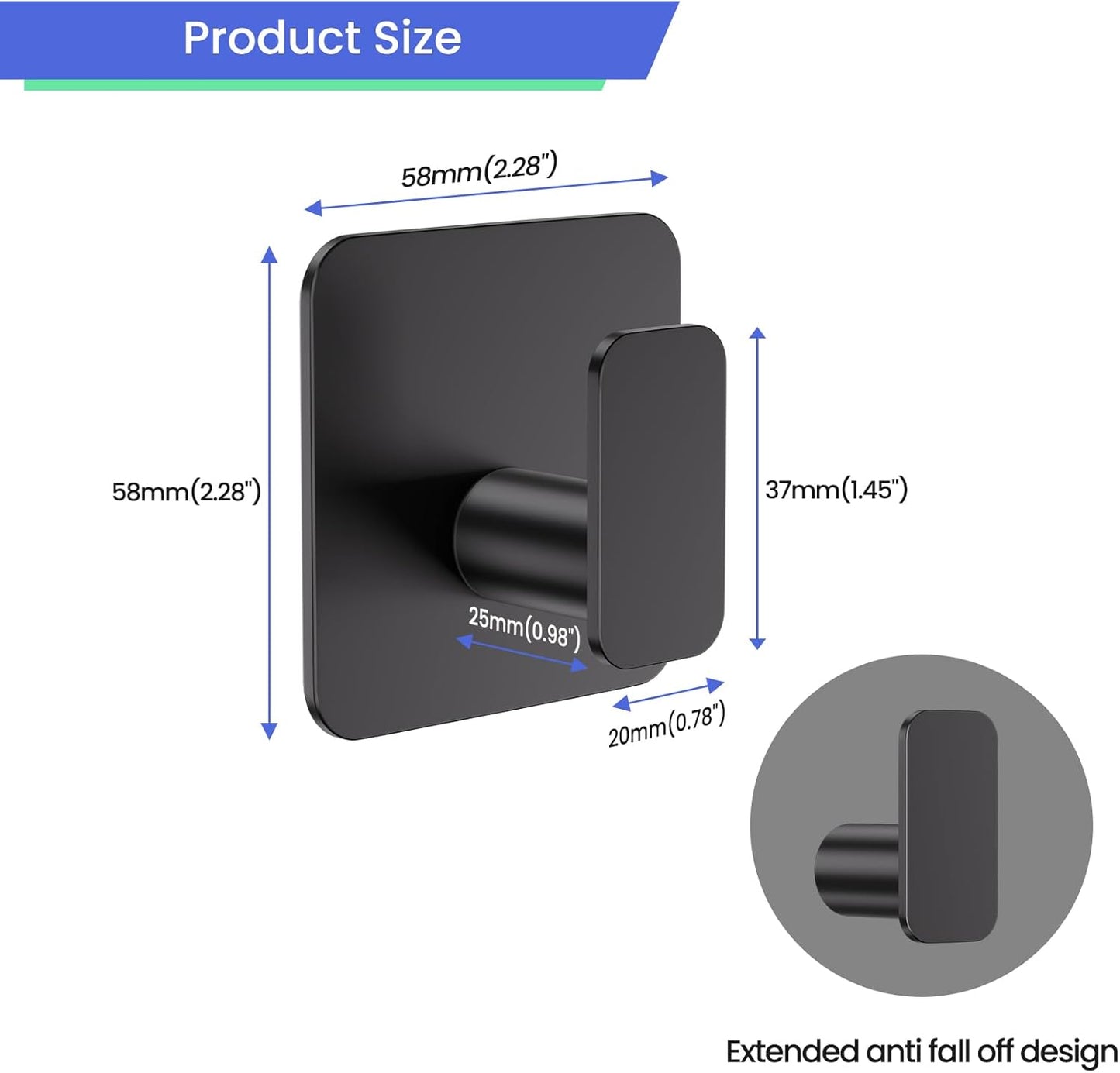 Black Hooks for Hanging Heavy Duty, Adhesive Hooks for Shower, Bathroom, Kitchen, Robe, Towel, Coat, Waterproof & Rustproof Hook for Walls No Damage, Stainless Steel Sticky Hook - 6 Pack