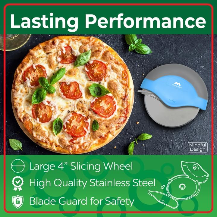 Mindful Design Pizza Cutter Wheel with Protective Blade Cover, Easy to Clean and Dishwasher Safe Ergonomic Pizza Slicer (Blue) - Culinary Roots