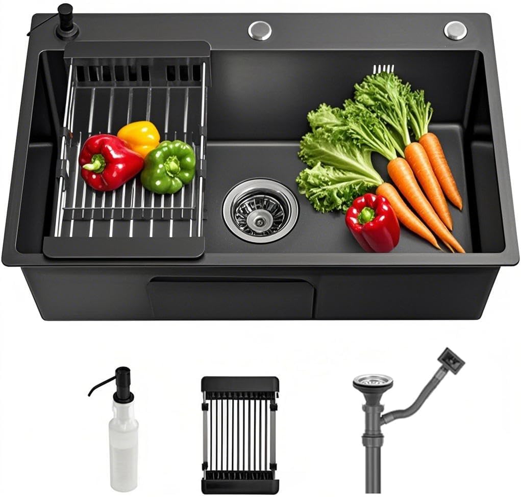 Drop In Kitchen Sink Workstation, Nano Stainless Steel Topmount Bar Single Bowl Sink Combo-Soap Dispenser, Drain Basket, Drain Strainer Set for Modern Kitchen Sink (21.7 * 17.7 * 7.9in)