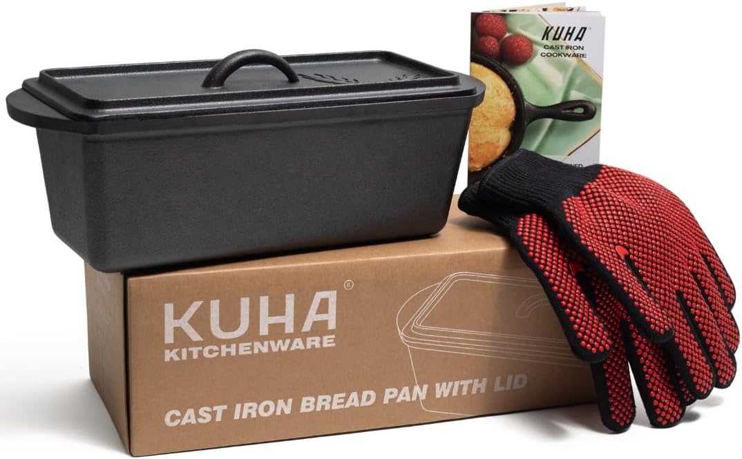 KUHA Cast Iron Bread Loaf Pan with Lid + Heat Resistant Gloves - Pre-Seasoned Cast Iron Bread Pan with Handles - Oven-safe bread pans for homemade bread - Ideal Loaf Pans for Campfire or Home Kitchen - Culinary Roots