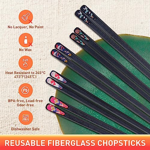 5 Pairs Reusable Chopsticks Premium Fiberglass Cute Japanese Korean Style Dishwasher Safe Chop sticks 9.5 Inch Gift Set