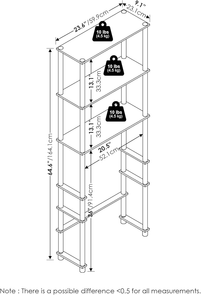 Furinno Turn-N-Tube Over The Toilet Storage, 3-Shelf Over The Toilet Organizer, Freestanding Space Saver Bathroom Shelf, for Bathroom Organizers and Storage, White