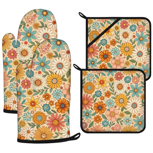 Boho Floral Oven Mitts and Colorful Flowers Pot Holders Sets 4Pcs