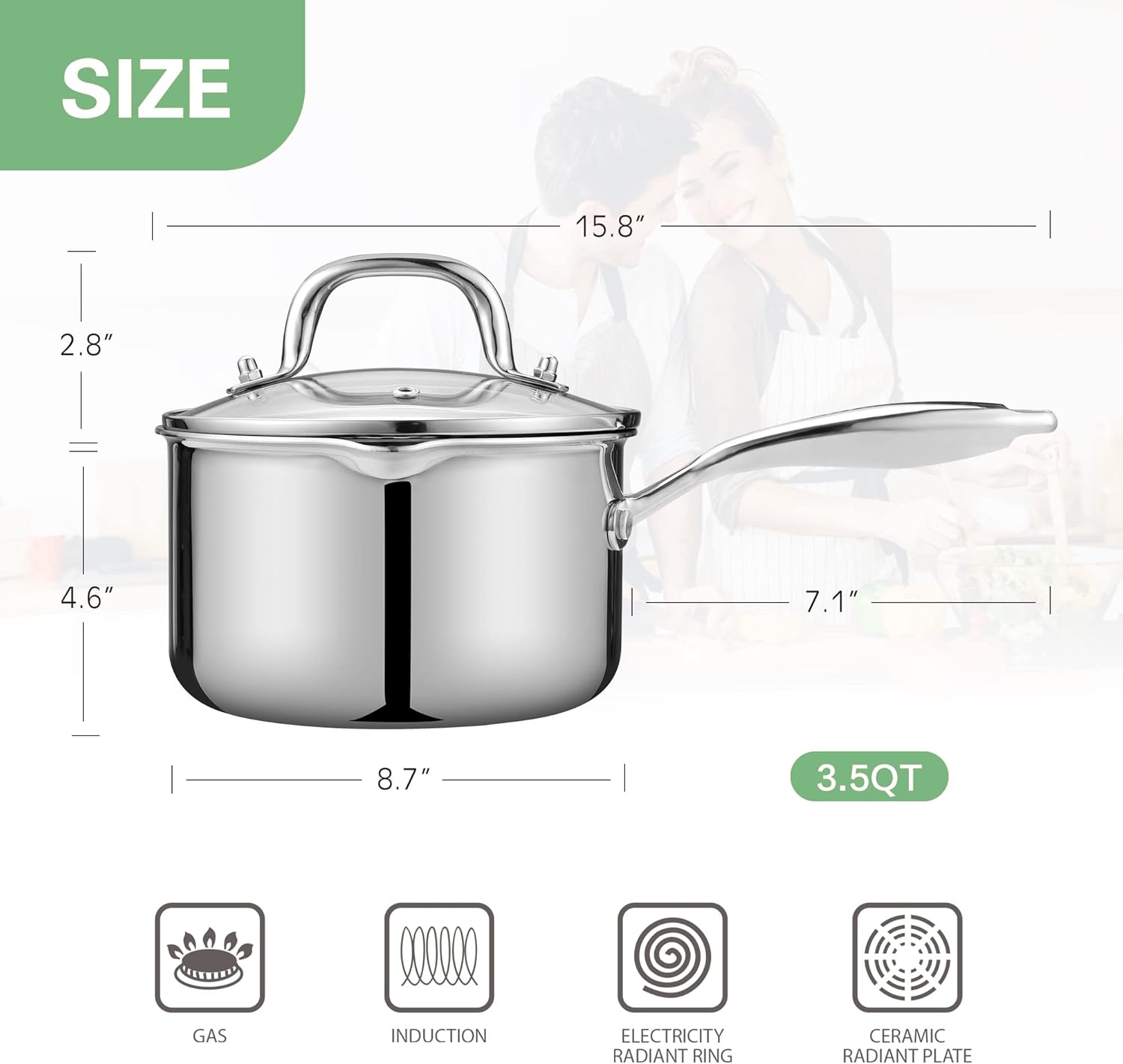 3.5 Quart Stainless Steel Pot Saucepan with Glass Strainer Lid, Sauce Pot with Two Side Spouts, Induction Cooking Pot, Multipurpose Sauce Pan with Lid for Cooking(Tri-Ply Full Body) - Culinary Roots