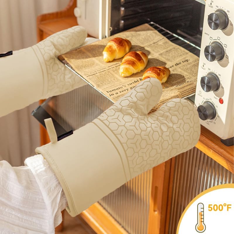Oven Mitts and Pot Holders Sets 6pcs, Kitchen Oven Glove,High Heat Resistant 550 Degree Extra Long Oven Mitts and Potholders with Non-Slip Silicone Surface for Home Essentials (Grey) (Khaki)