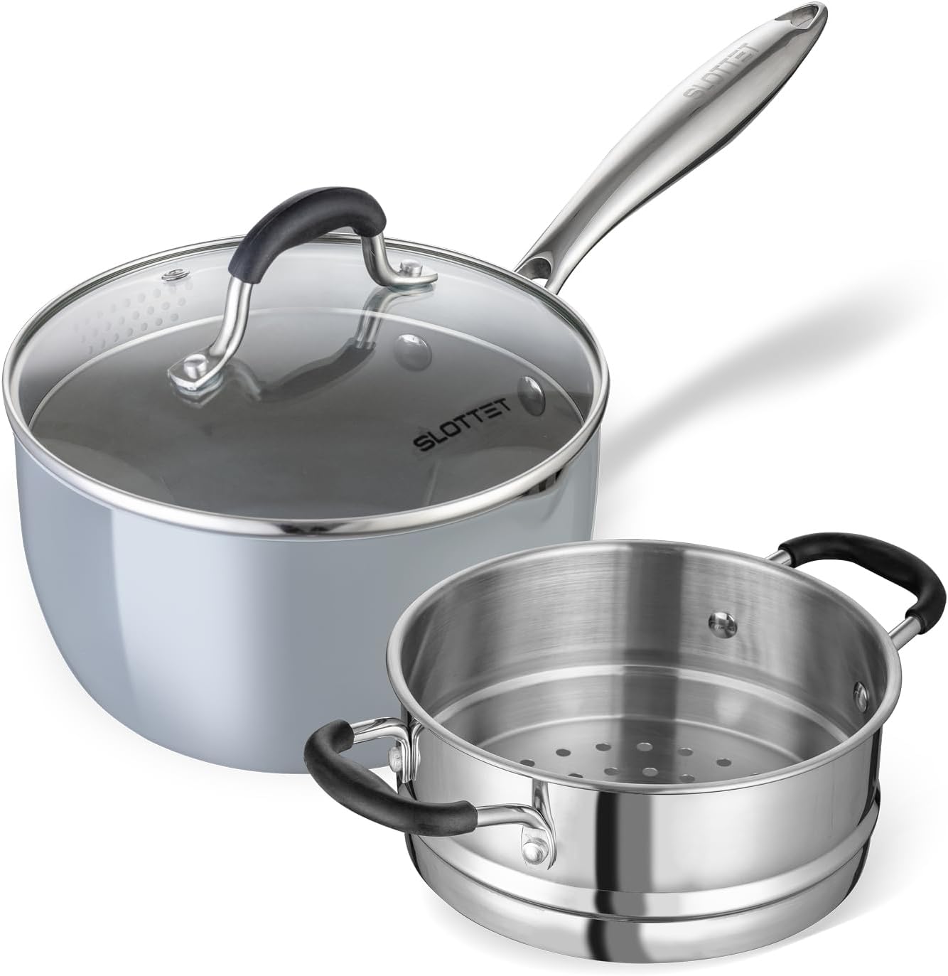 Ceramic Nonstick Tri-Ply Stainless Steel Sauce Pan with Steamer,2.5 Quart Small Multipurpose Pot with Pour Spout,Strainer Glass Lid, 2qt Saucepan for Cooking with Stay-cool Handle,Grey - Culinary Roots