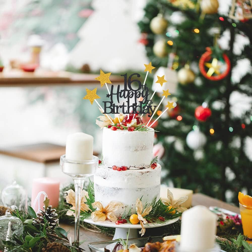 Glittery 16th Happy Birthday Cake Topper with Star,Personalised 16 Birthday Cake Toppers Party Decorations Party Supplies for Boys Girls Black Gold