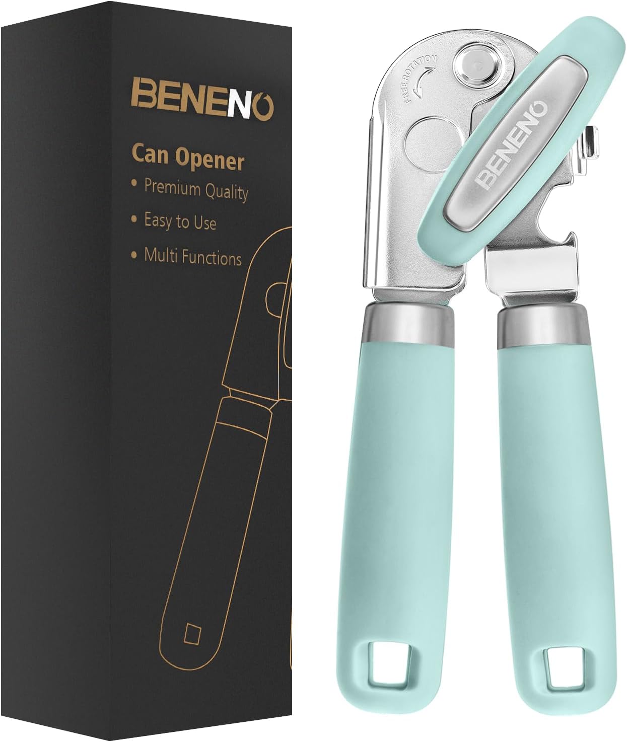 Beneno Can Opener Manual with Magnet, Hand Held Heavy Duty Can Opener with Durable Sharp Blade Smooth Edge, Big Effort-Saving Knob, Soft Grip Rubber Handle, Multifunctional Bottle Opener, Mint - Culinary Roots
