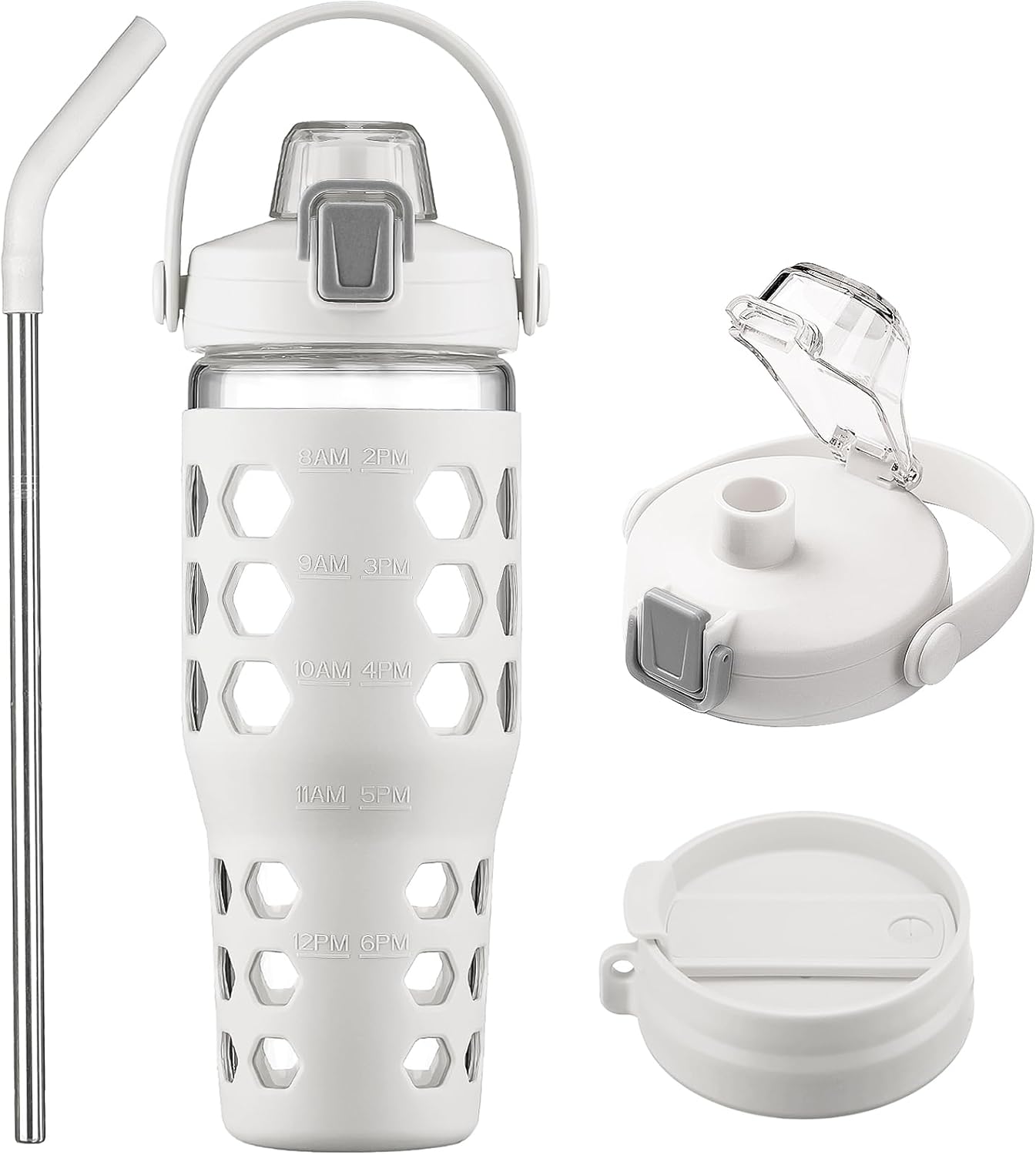 MUKOKO 32 oz Glass Tumbler with Straw,Glass Water Bottles with Time Marker,Iced Coffee Cup with 2 Lids-Handle Spout Lid&Straw Lid,Silicone Sleeve,Leakproof,1 Pack-White
