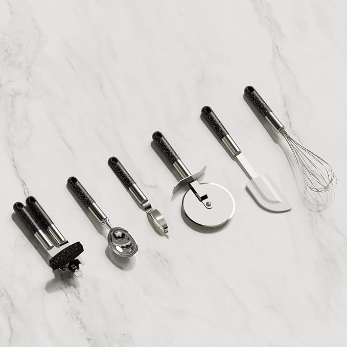 6 Pcs Elegant Black Kitchen Tools & Gadgets Set with White Speckles- Kitchen Gadget Set Includes Can Opener, Spatula and Peeler - Stainless Steel Cooking Accessories, Ideal for Gifting