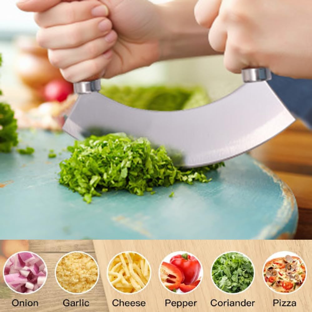 5.4 Inch Stainless Steel Mezzaluna Knife - Salad Chopper Rocker Pizza Cutter Rocker Knife Curved Blade Sharp Blade Double Acacia Wood Handle Fruit Vegetable Mincing (5.4 Inch Black) - Culinary Roots